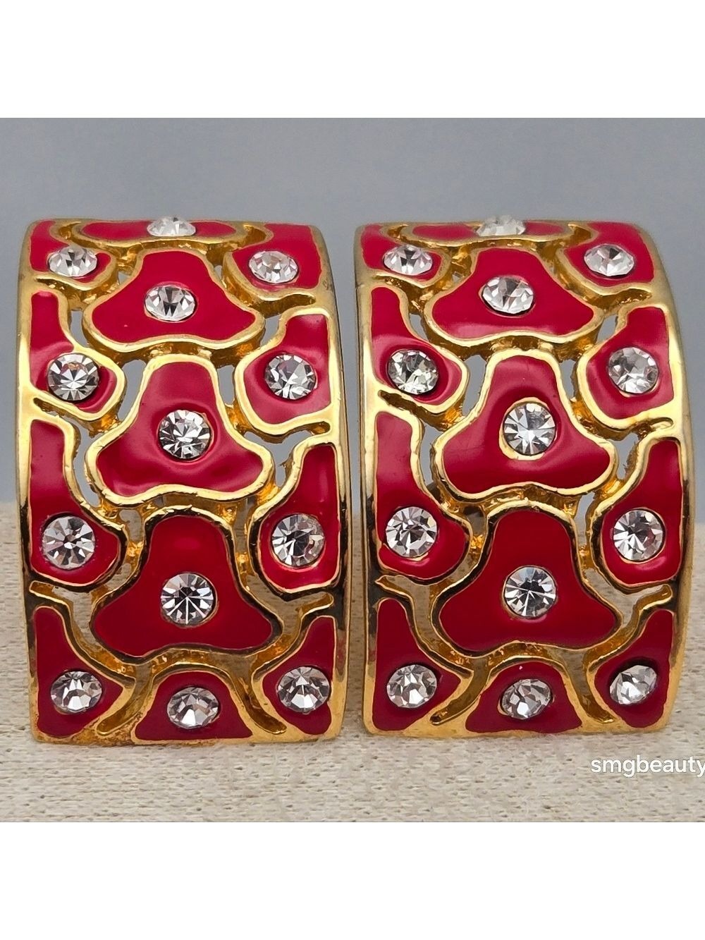 Red Enamel & Rhinestone Hoop Earrings Sparkly Statement Gorgeous